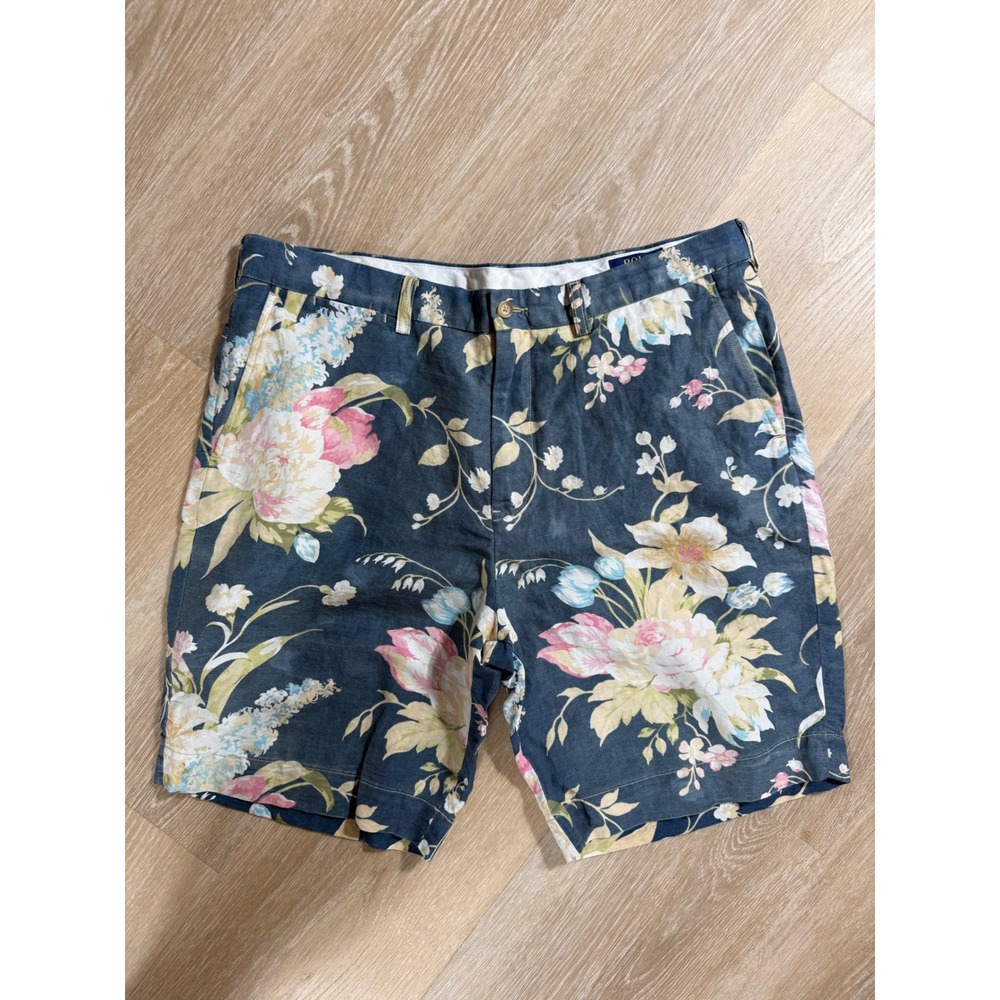Polo Ralph Lauren Floral Print Classic Fit 9 Linen Blend Shorts Blue - Size 36